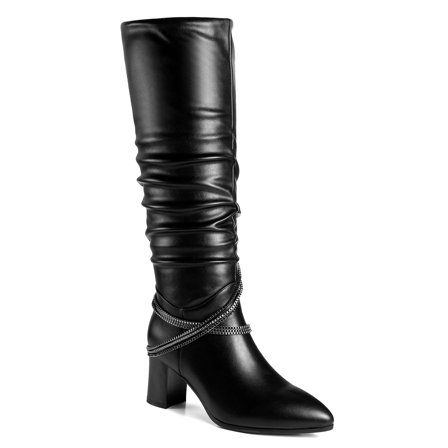 Ferwind Women's Almond Toe Crisscross Chain-Link Ruched Shaft Knee-High Boots Female Adult Black 10