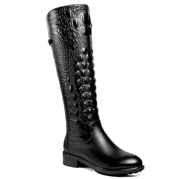 Ferwind Women's Animal Print Tall Boots Chunky Heels Female Adult Black 10