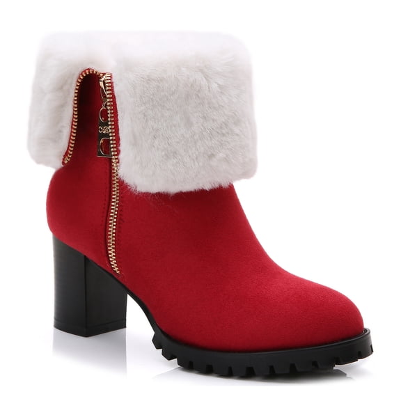 Ferwind Women's Ankle Booties Foldable Shearling Suede Upper Chunky Heels Adult Red/White 10