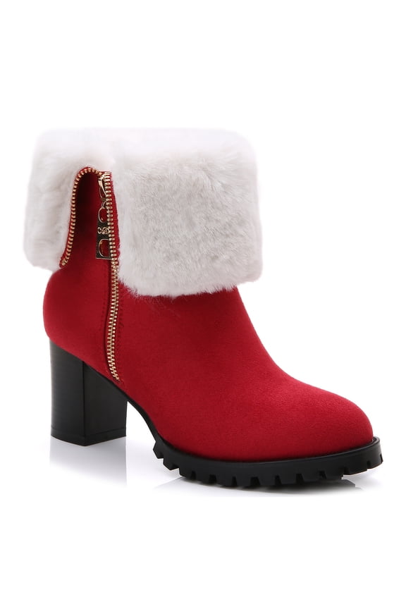 Women's Ankle Booties Foldable Shearling Suede Upper Chunky Heels Adult Red/White 10