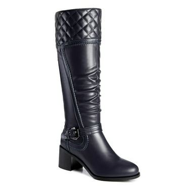 Ferwind Women's Block Heel Ruched Front Stitch Patterns Buckle Strap Boot Adult Dark Black Navy  9