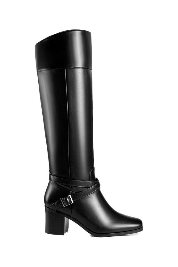 Women's Riding Boots Block Heels Square Toe Crisscross Buckle Straps Adult Black 12