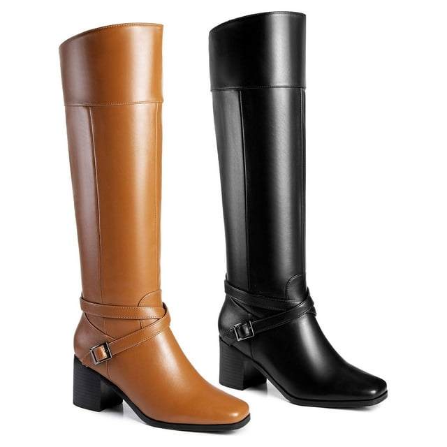 Ferwind Women's Riding Boots Block Heels Square Toe Crisscross Buckle Straps Adult Tan 10
