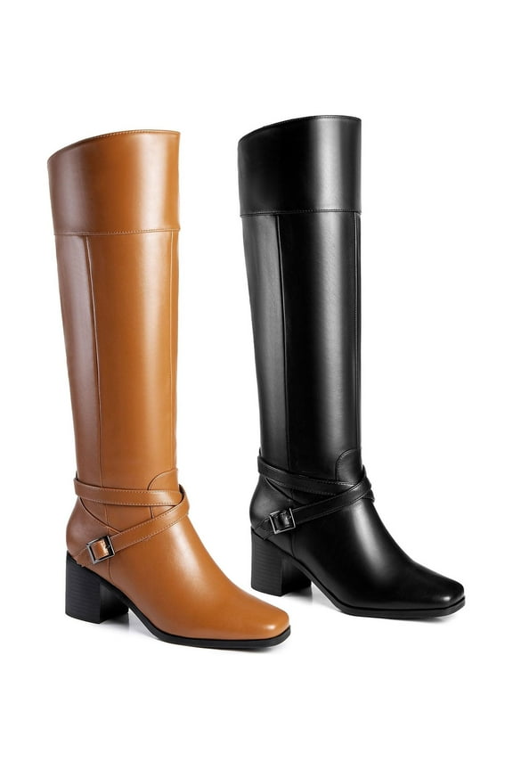 Women's Riding Boots Block Heels Square Toe Crisscross Buckle Straps Adult Tan  9