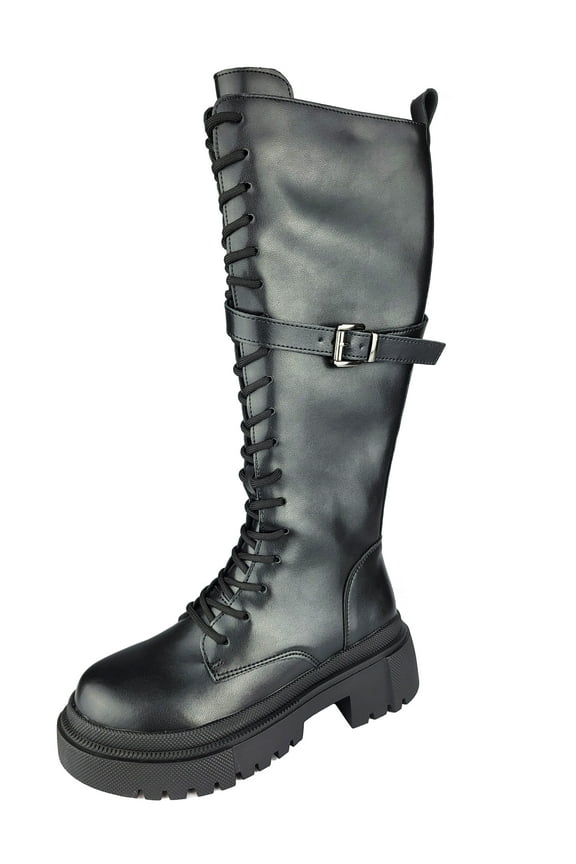 Women's Boots Lace Platform Chunky Heels Buckle Straps Female Adult Black 10