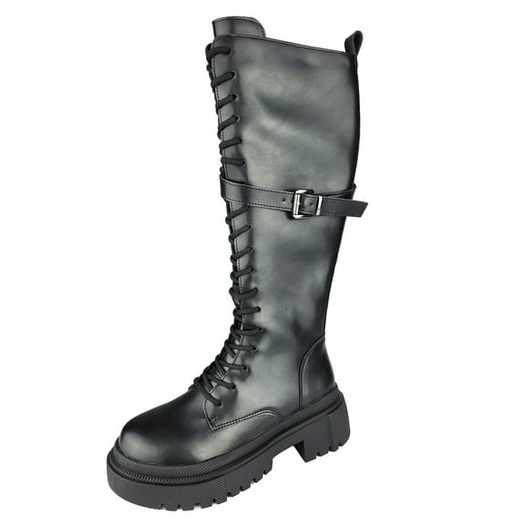 Ferwind Women's Boots Lace Platform Chunky Heels Buckle Straps Female Adult Black  6