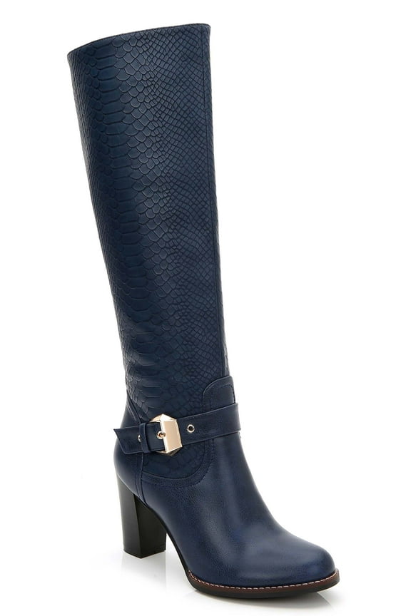 Women's Knee-High Riding Boots Tall Heels Buckle Straps Adult Navy  6