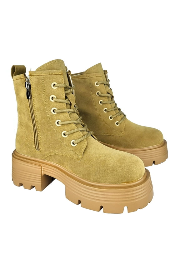 Women's Combat Ankle Boots Faux Suede Lace Up Platform Chunky Heels Female Adult Tan 8