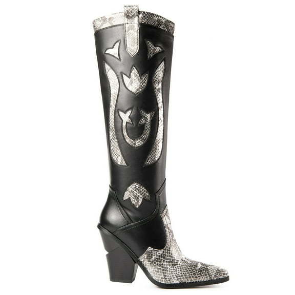 Ferwind Women's Cowboy Tall Boots Animal Print Layered High Heels Adult Black/White  8
