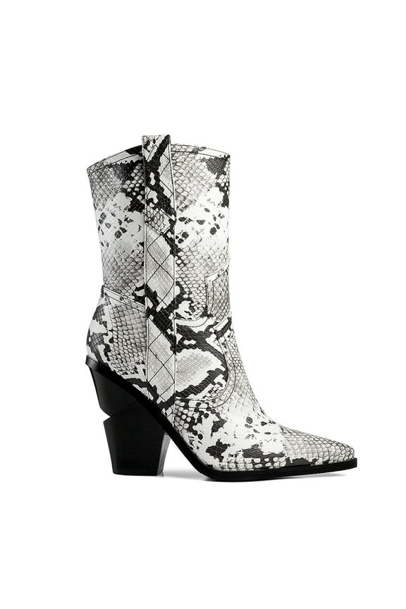 Women's Cowboy Mid-Calf Boots Animal Print Layered High Heels Adult Black/White 9.5