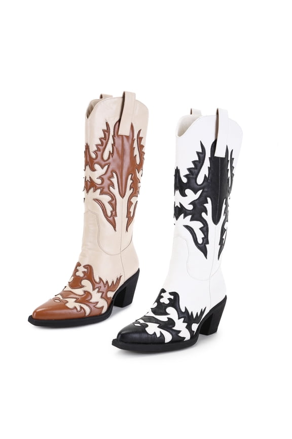 Women's Cowboy Boots Western Knee-High Stiches and Pull-on Adult Black/White 6.5