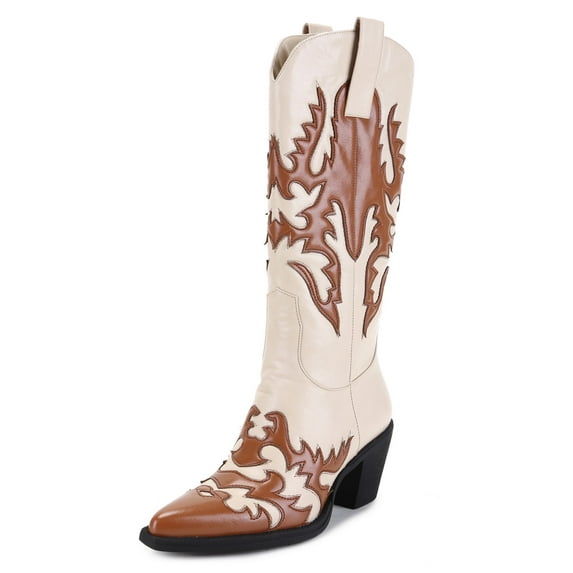 Ferwind Women's Cowboy Boots Western Knee-High Stiches and Pull-on Adult Burgundy/Ivory 12