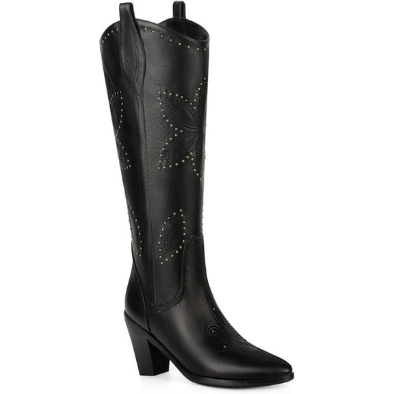 Ferwind Women's Cowboy Boots Western Knee-High Stiches and Studded Adult Black  6.5