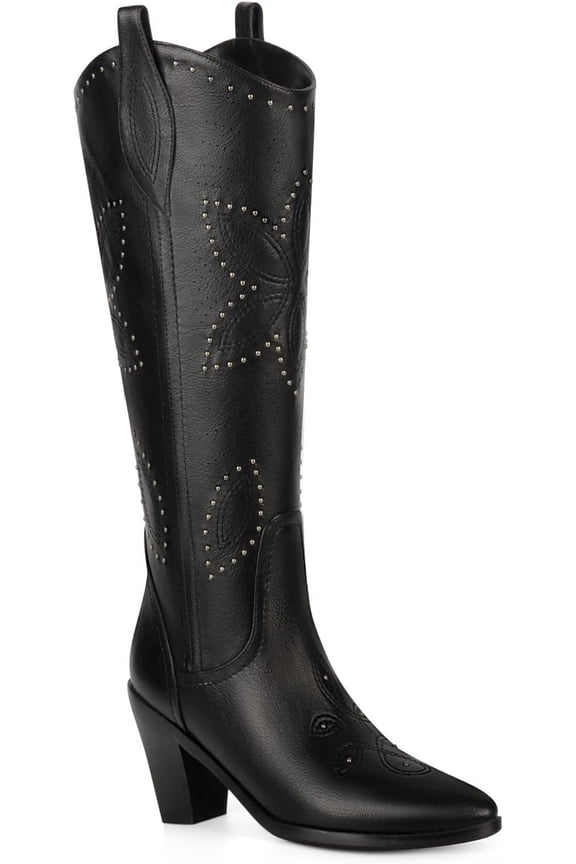 Women's Cowboy Boots Western Knee-High Stiches and Studded Adult Black  8