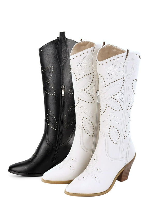 Women's Cowboy Boots Western Knee-High Stiches and Studded Female Adult Off-White 11