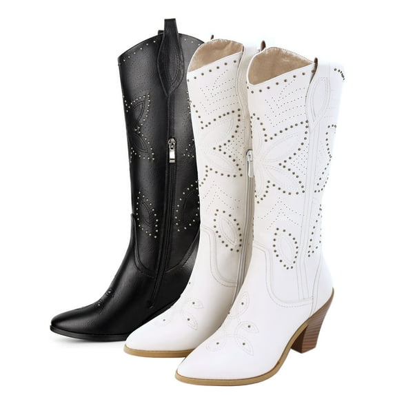 Ferwind Women's Cowboy Boots Western Knee-High Stiches and Studded Female Adult Off-White 8