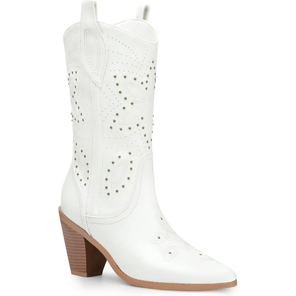 Ferwind Women's Cowboy Boots Western Mid-Calf Stiches and Rivet Studded Adult Off-White  7.5