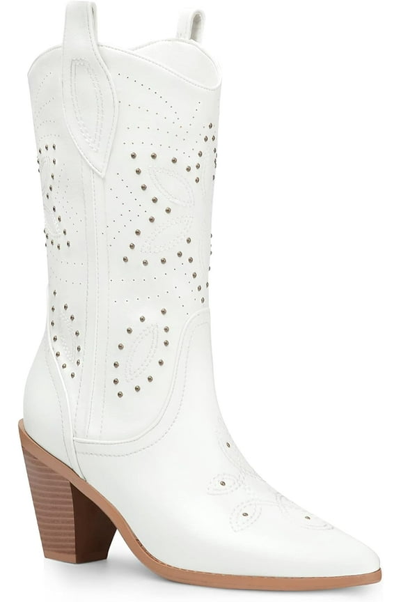Women's Cowboy Boots Western Mid-Calf Stiches and Rivet Studded Adult Off-White  8