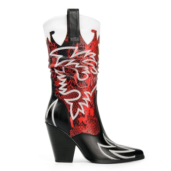 Ferwind Women's Cowgirl Boots Crocodile Accent Mid-Calf Embroidery Pull On Adult Red  8