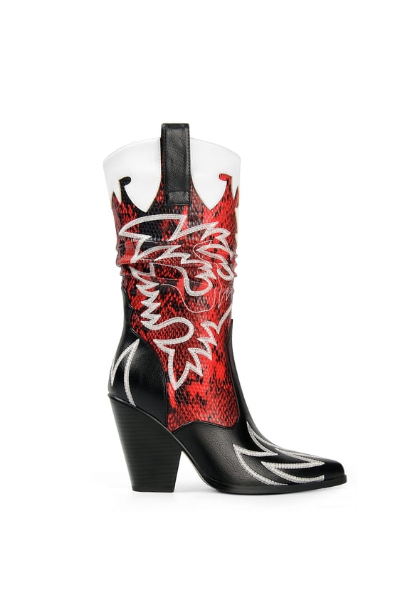 Women's Cowgirl Boots Crocodile Accent Mid-Calf Embroidery Pull On Adult Red  9.5