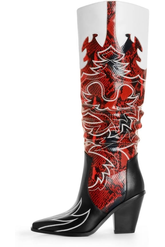 Women's Cowgirl Boots Knee-High Western Embroidery Paisley Pull-on Adult Red 12
