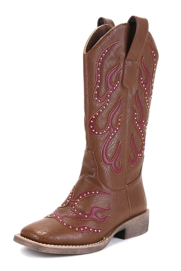 Women's Cowgirl Boots Paisley and Stud Detail Pull-on Adult Brown 9