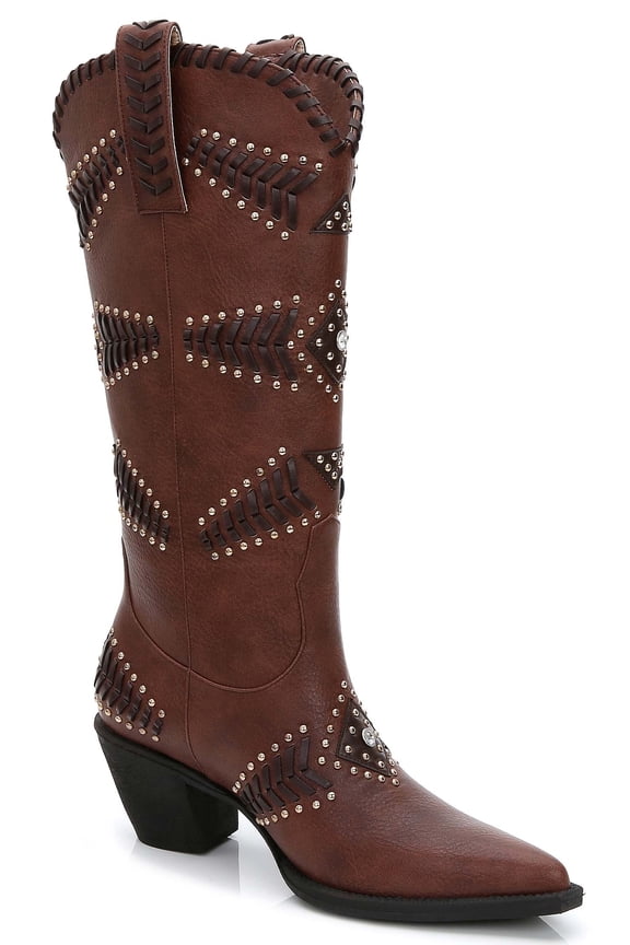 Women's Cowgirl Boots Rhinestone and Studded Pull On Adult Brown  8