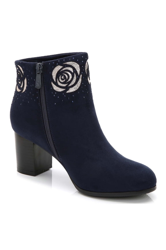 Women's Dark Navy Blue Ankle Booties Rhinestone Glittering Flower Detail Adult Navy 12
