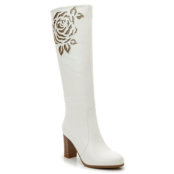 Ferwind Women's Riding Boots Glittering Flower Patterned Stitch Adult White 10