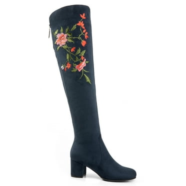 Ferwind Women's Floral Embroidery Over-the-knee Rhinestone Boots Female Adult Navy 11