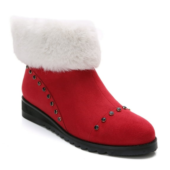 Ferwind Women's Fur Trim Rhinestone Low Wedge Heel Winter Ankle Booties Red/White 10