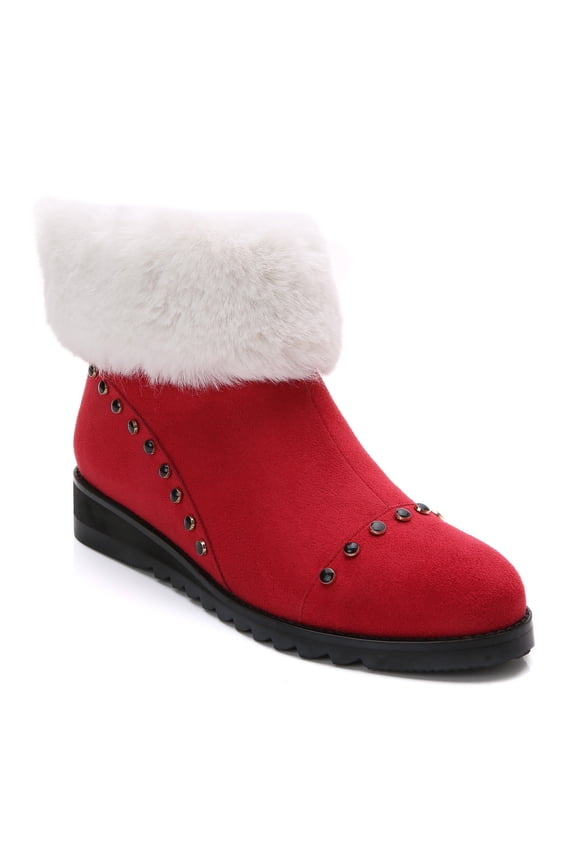 Women's Fur Trim Rhinestone Low Wedge Heel Winter Ankle Booties Red/White 7