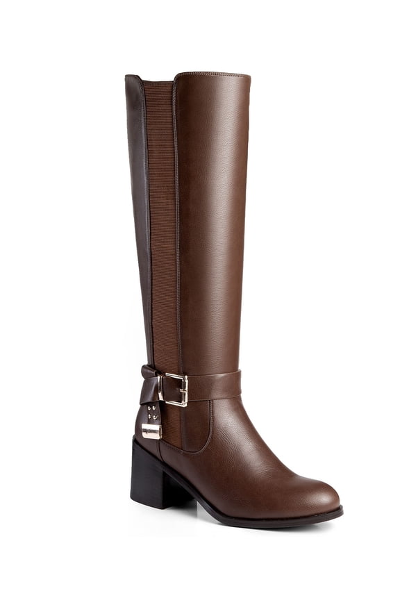 Women's Goldtone Buckle Strap Knee High Riding Boots Band Detail Brown 8