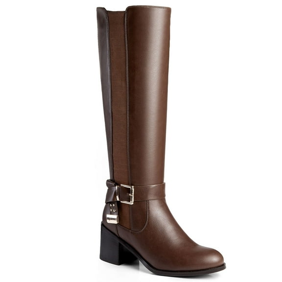 Ferwind Women's Goldtone Buckle Strap Knee High Riding Boots Band Detail Brown 8