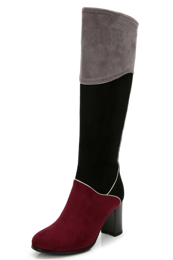 Women's Knee-High Riding Boots Three-Tone Colorblock Micro Suede High Heels Adult Black/Burgundy/Grey 10