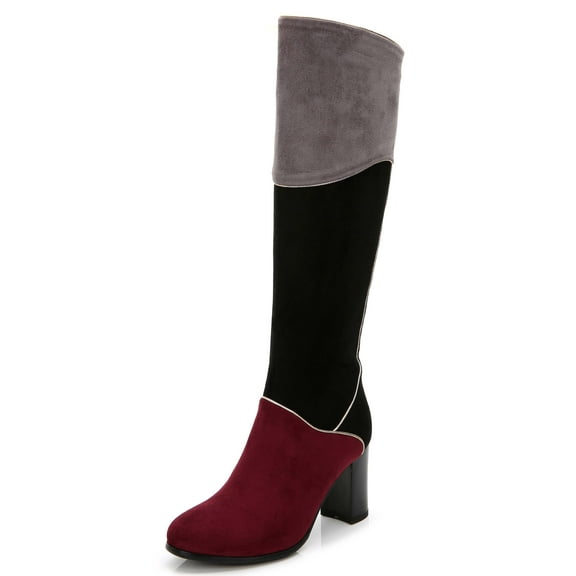 Ferwind Women's Knee-High Riding Boots Three-Tone Colorblock Micro Suede High Heels Adult Black/Burgundy/Grey  8