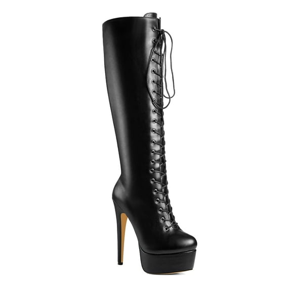 Ferwind Women's High Fashion Ultra High Stiletto Heels Platform Lace Up Boots Female Adult Black 10