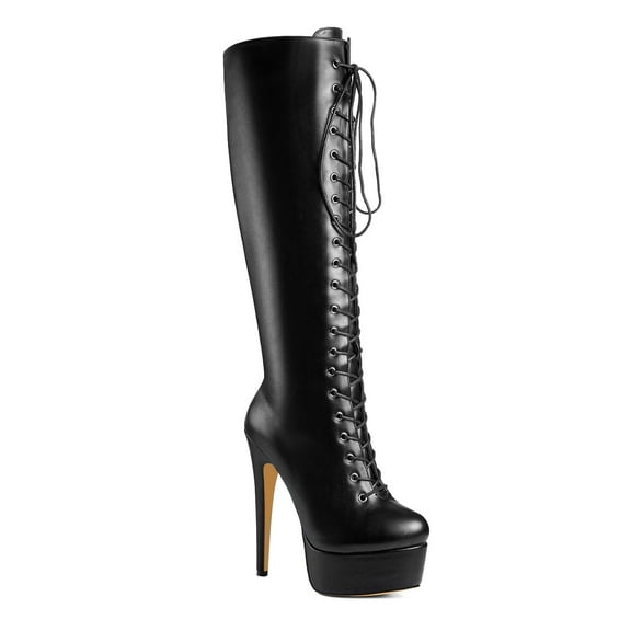 Ferwind Women's High Fashion Ultra High Stiletto Heels Platform Lace Up Boots Female Adult Black  9