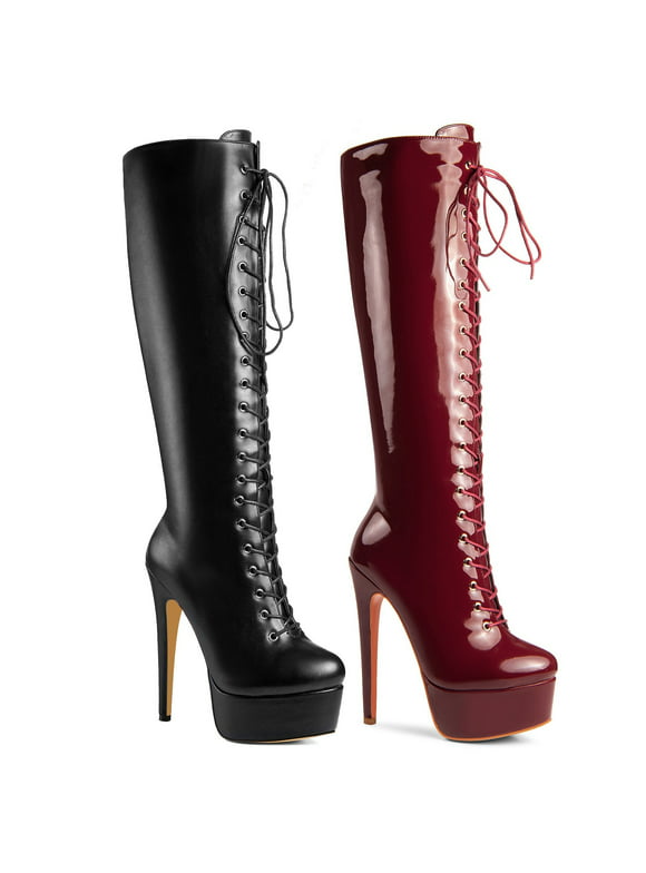 Ferwind Women's High Fashion Ultra High Stiletto Heels Platform Lace Up Boots Female Adult Wine  5