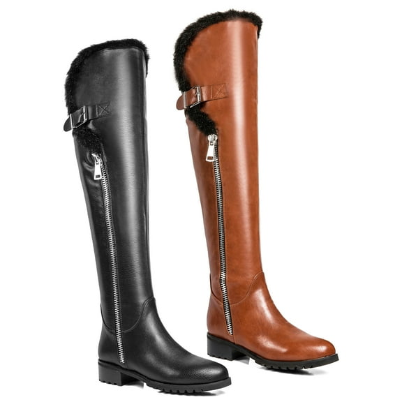 Ferwind Women's Tall Boots High-Low Shaft Shearling Trim Low Heels Adult Brown 10