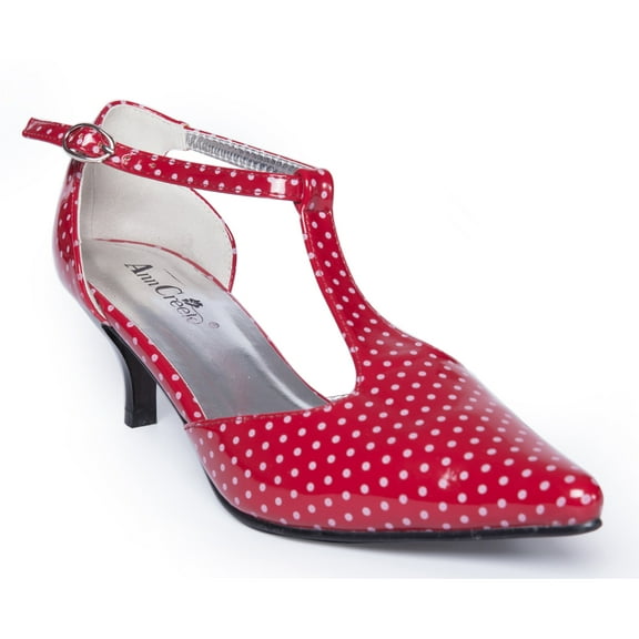 Ferwind Women's Kitten Heel T-Strap Sandals Polka-dot Assorted Colors Adult Polka-Dot Red  6.5