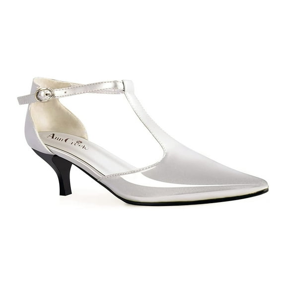 Ferwind Women's Kitten Heel T-Strap Sandals Polka-dot Assorted Colors Adult Silver  6.5