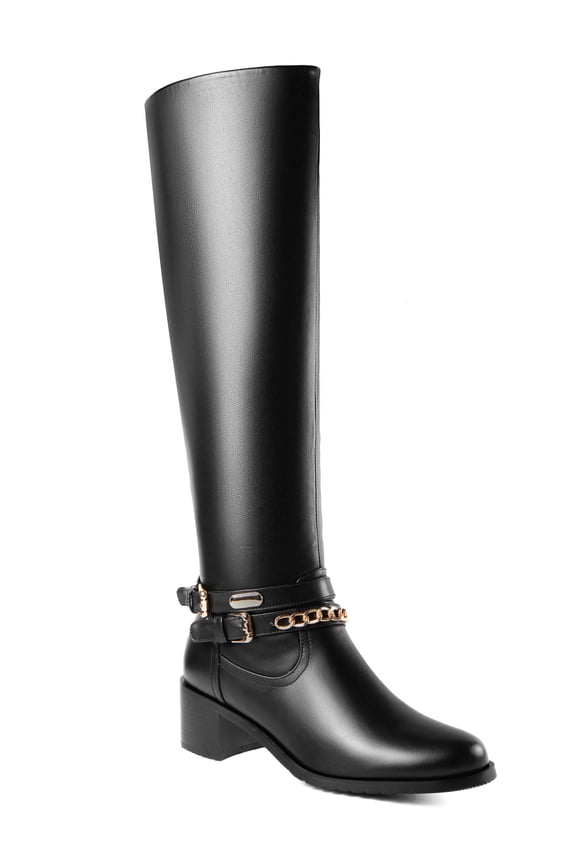 Women's Knee-High Boots Crisscross Goldtone Chain-Link Buckle Straps Adult Black 11
