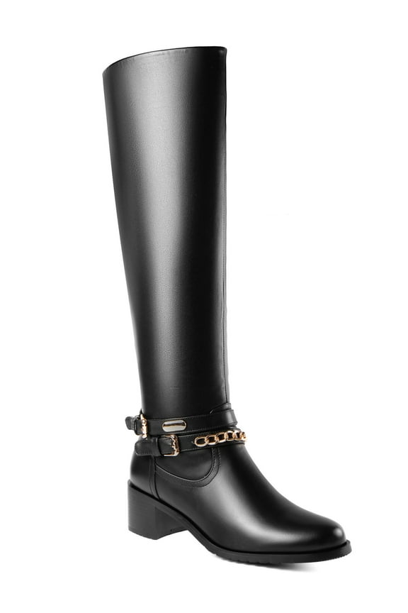 Women's Knee-High Boots Crisscross Goldtone Chain-Link Buckle Straps Adult Black 8.5