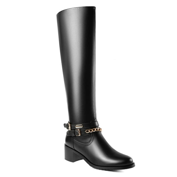 Ferwind Women's Knee-High Boots Crisscross Goldtone Chain-Link Buckle Straps Adult Black 8
