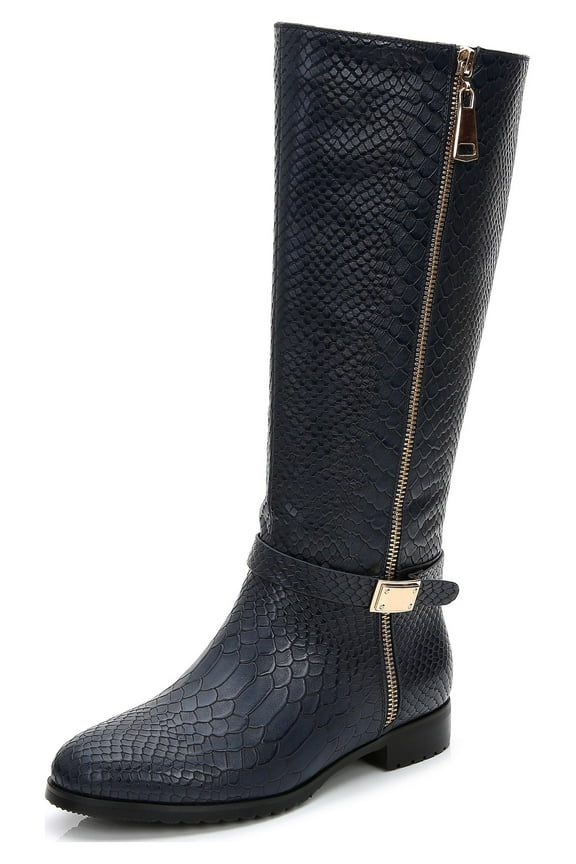 Women's Knee-High Boots Crocodile Accent Low Heels Buckle Straps Adult Navy 11