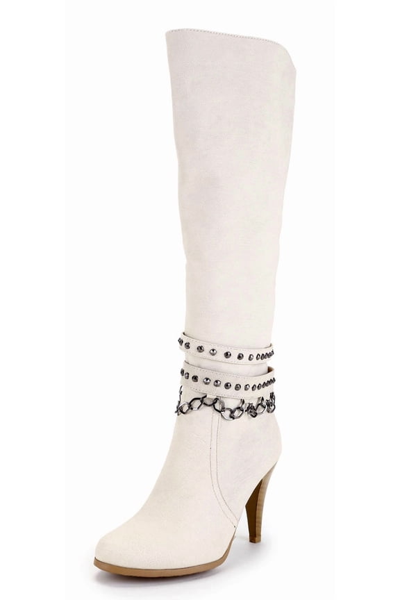 Women's Knee High Boots Kitten Heels Chain-link Studded Details Adult Ivory 9.5