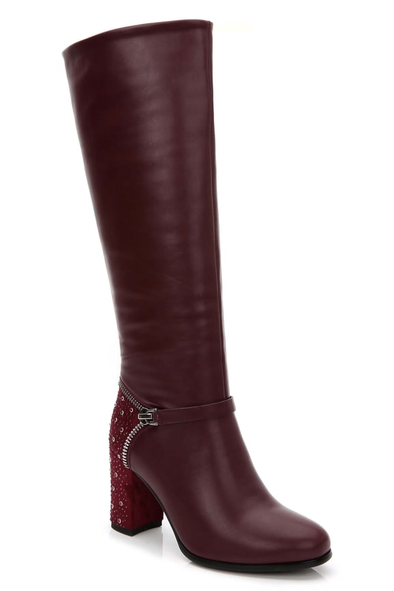 Women's Knee High Boots Rhinestone and Studded Details Chunky Heels Adult Red 8