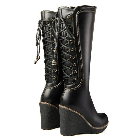 Ferwind Women's Knee-High Boots Wedge Heels Lace up Adult Black Regular Shaft 10