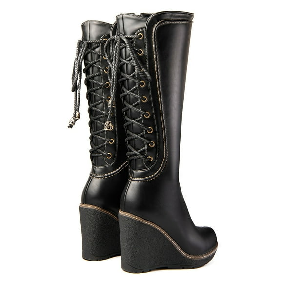 Ferwind Women's Knee-High Boots Wedge Heels Lace up Adult Black Regular Shaft  6